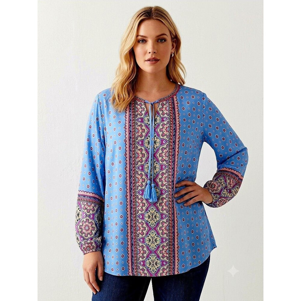 Belle Kim Gravel Womens Peasant Top 1X Blue Long Slv  Tasseltie Boho reto 60's